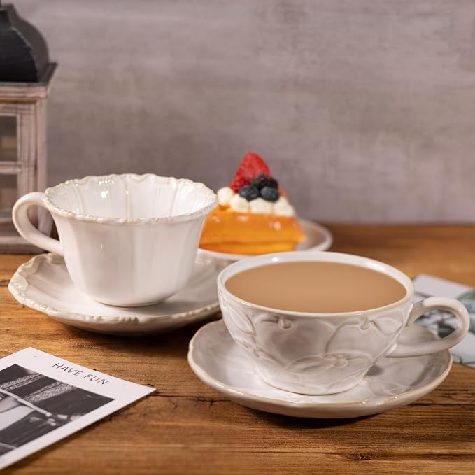 Ceramic Latte Cup with Saucer, 12 OZ Cappuccino Cup Vintage Cafe Art Cups