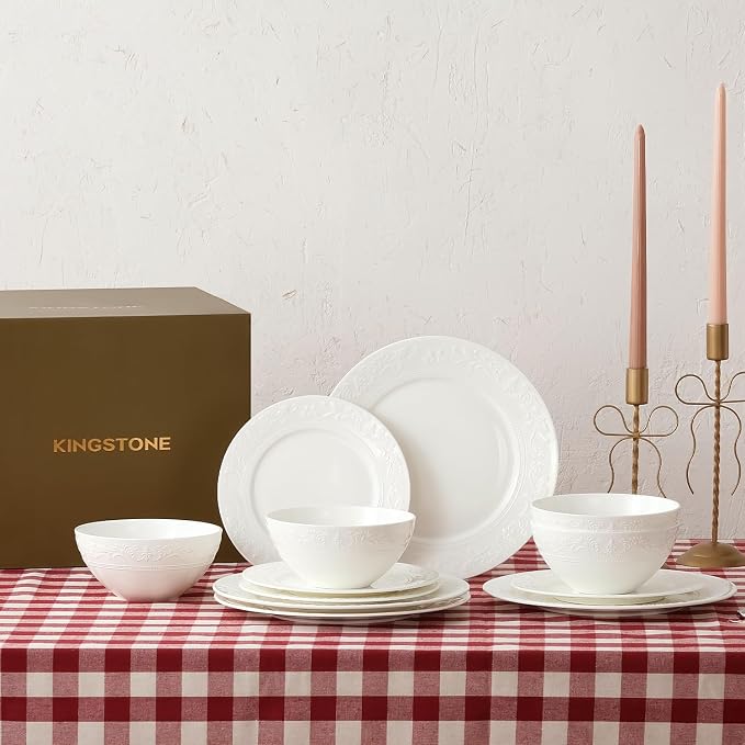 18Pcs Vintage Relief White Bone China Set, Service