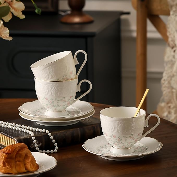 TATSUMI Interglio Embossed Bone China Tea Cup and Saucer Set, 3 Pieces Vintage