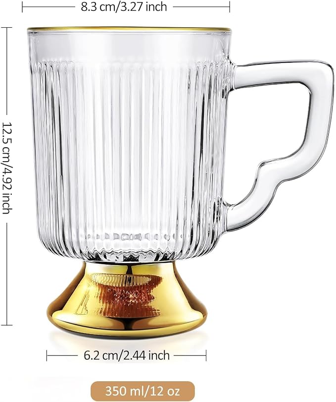 Joeyan Glass Coffee Mugs with Handle, Vintage Ribbed Clear Coffee Cups