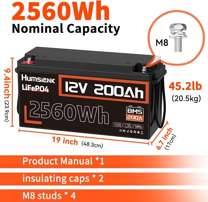 4PACK 12V 200Ah LiFePO4 Battery, Built-in 200A BMS, Rechargeable Deep Cycles