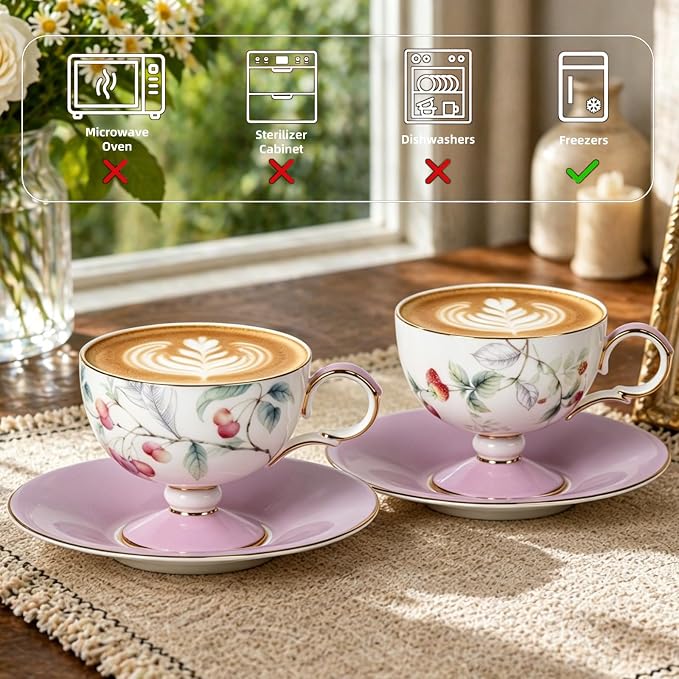 KAMMAK Tea Cups Set of 2, Ceramic Floral Pattern Demitasse Cup | Porcelain