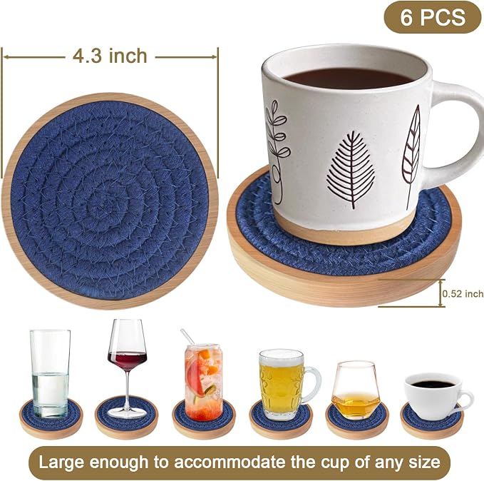 Eykao 6 Pack Coasters for Drinks Absorbent, Wooden Coasters for Coffee Tables