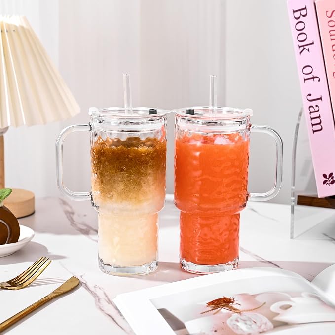 17oz Glass Tumbler with Handle & Lid – 2-Pack Iced Coffee Cups with Straws