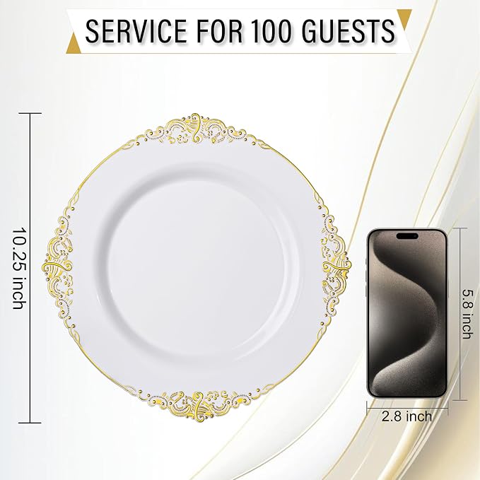 Nervure 100Pcs 10.25'' Gold Plastic Plates, Heavy Duty Disposable Plates