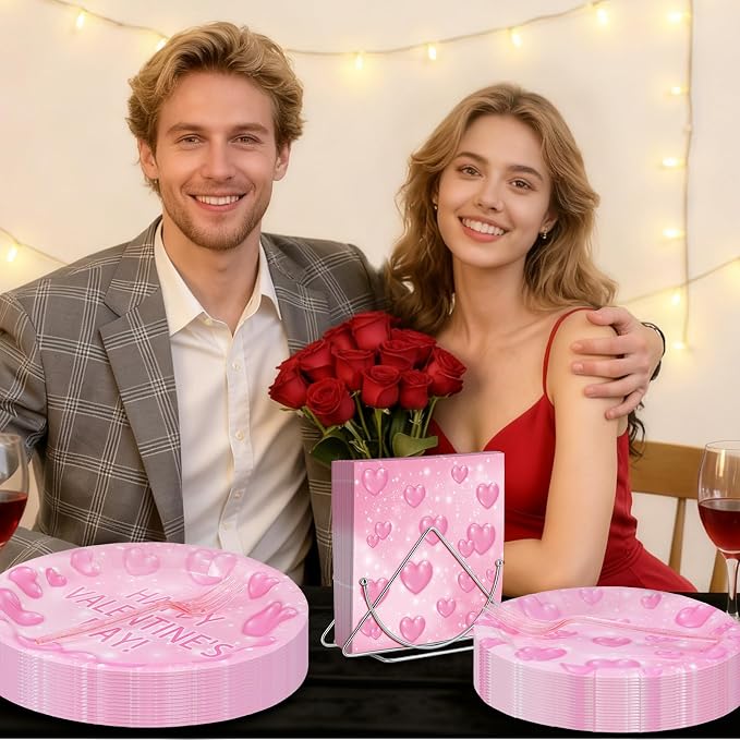 96 Pieces Valentine’s Day Tableware Set – Pink Heart Disposable Plates and