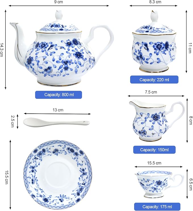 Bone China Tea Set, 21-Pieces Porcelain Tea Set