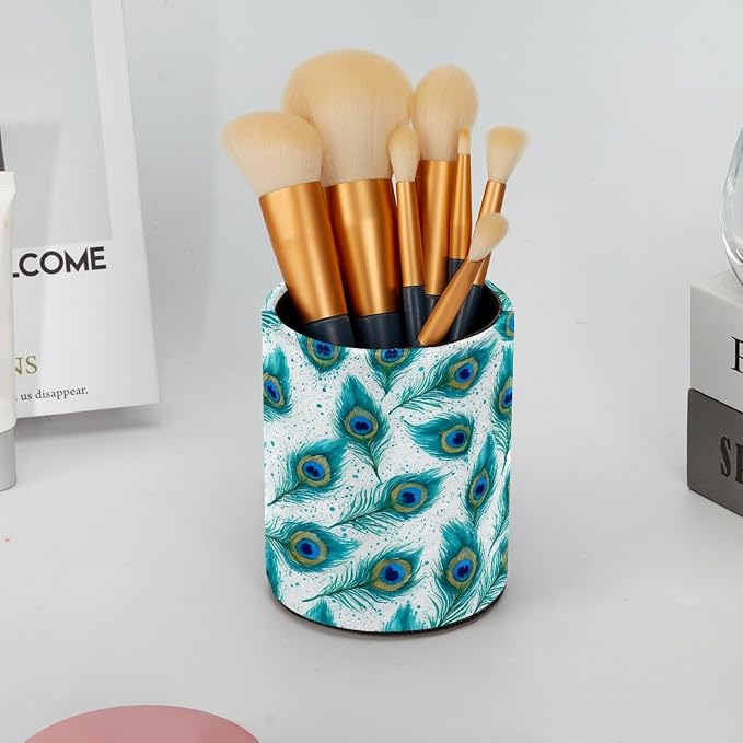 Leather Pen Holder for Desk, Peacock Feather Pencil Cup Pen Organizer Makeup