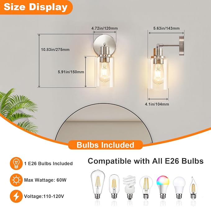 DLLT Wall Sconces Set of Two: Modern Bathroom Vanity Light Fixtures