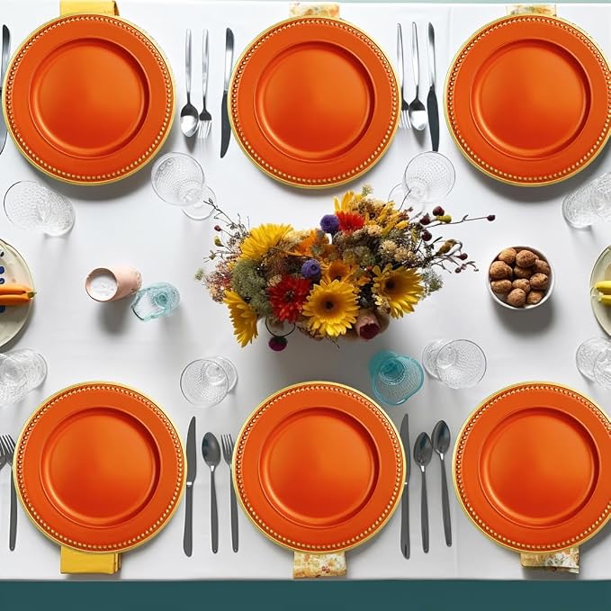 Orange Beaded Charger Plates, 13 Inch Plastic Round Chargers
