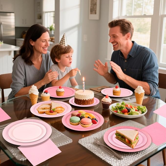 180Pcs Pink Party Supplies Paper Plates and Napkins Serve 60 | Disposable