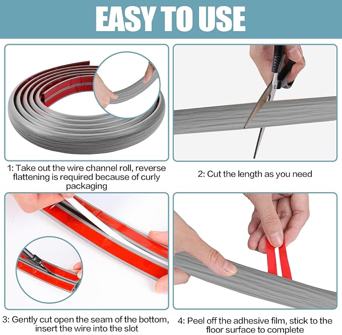 Floor Cord Cover Self Adhesive Cord Hider, 10FT Cable Management, Extension