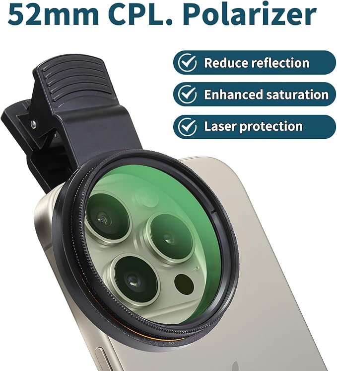 52mm Clip-on CPL Phone Camera Lens Filter, Polarized Camera Lens CPL Filter