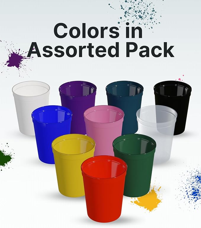 PartyPrints 10 Pack 16 oz Assorted Reusable Blank Plastic Cups, Stadium Cups
