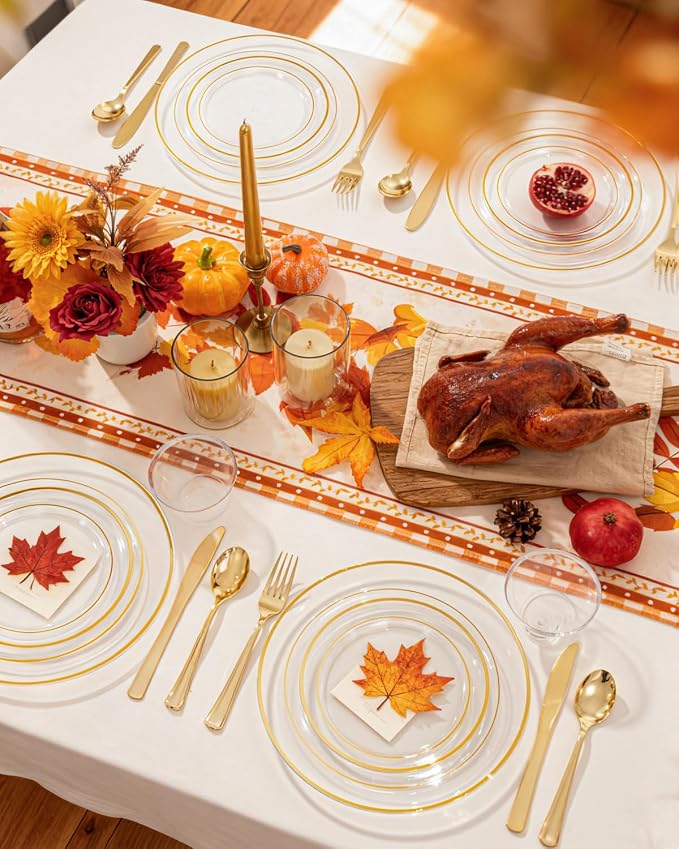 bUCLA 150Pcs Clear Gold Plastic Dinnerware Set