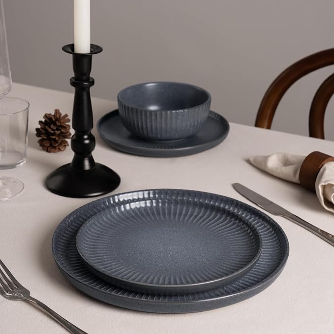 Famiware Ceramic Plates and Bowls Sets, Reactive Glaze Ribbed Dishes