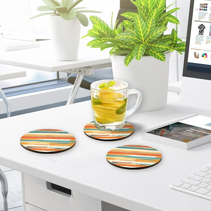 Red Stripes 4 Piecing Set Round Drink Coaster Cork Trivets
