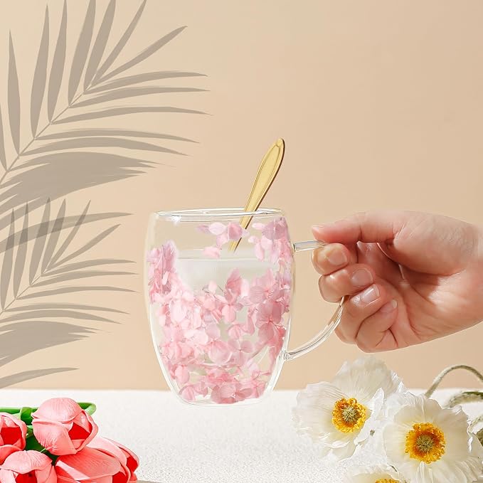 Gifts for Women Dried Flowers Double Wall Glass Coffee Mugs Cute Glass Tea Cups