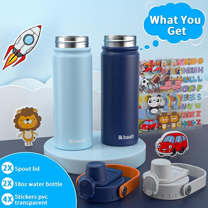 baab 18oz Kids Insulated Water Bottle 18/8 Stainless Steel Kids Cup 2 Pack |