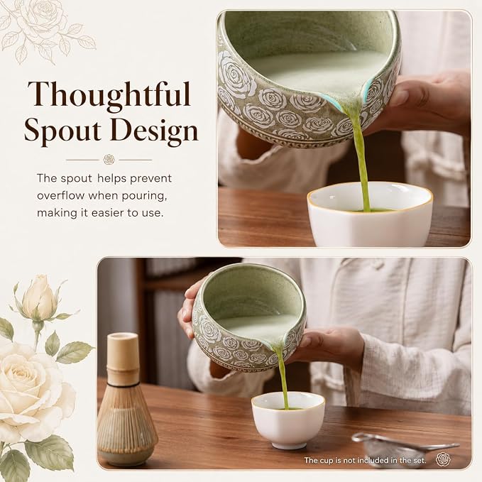 Matcha Whisk Set, 7-Pc Ceramic Matcha Bowl Kit, Bamboo Whisk, (Rose Green) |