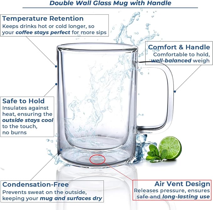 Aquach 12oz Double Walled Glass Coffee Mugs Set of 2, Insulated Tea Cups |