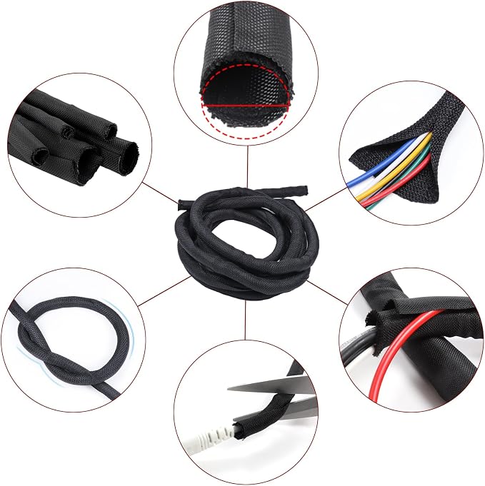 Black Braided Cable Management Sleeves Wire Loom Tubing Cord Protector