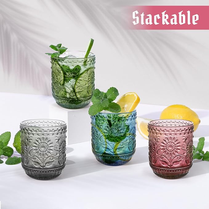 Topsky Vintage Drinking Glass Set of 4, 12 oz Embossed Floral Drinkware Set