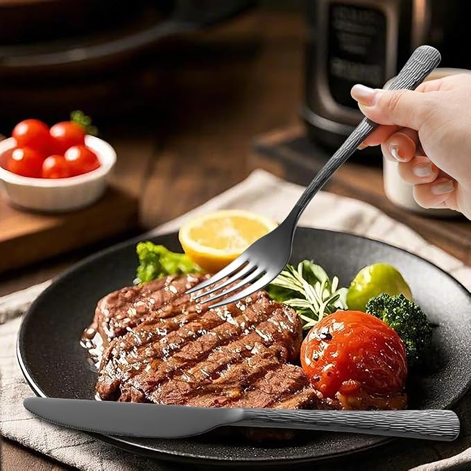 Hammered Black Silverware Set, Flatware Set, 18/10 Stainless Steel Premium