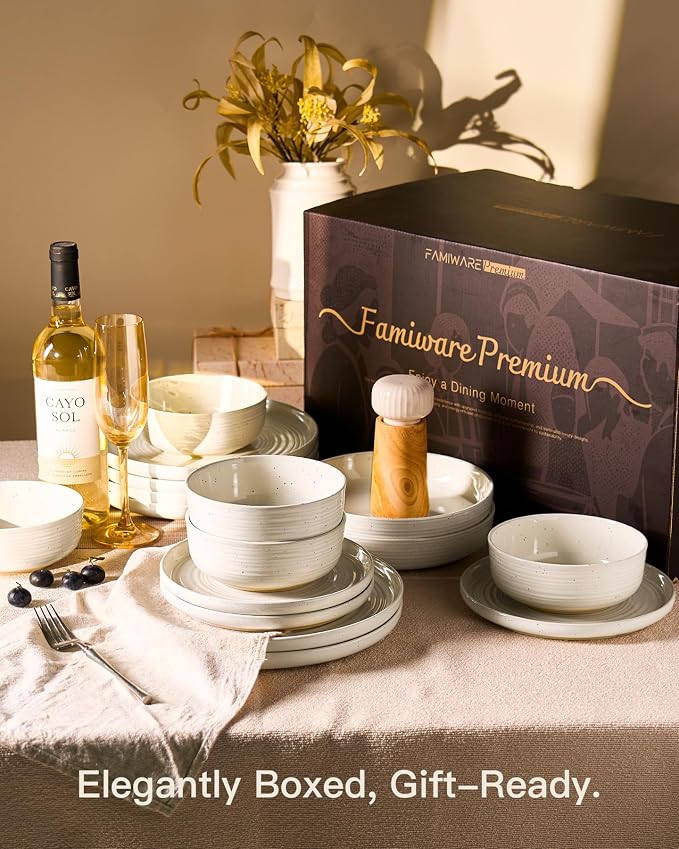 Stoneware Dinnerware Sets for 8, Plates and Bowls, Cream | 24-Piece Ceramic