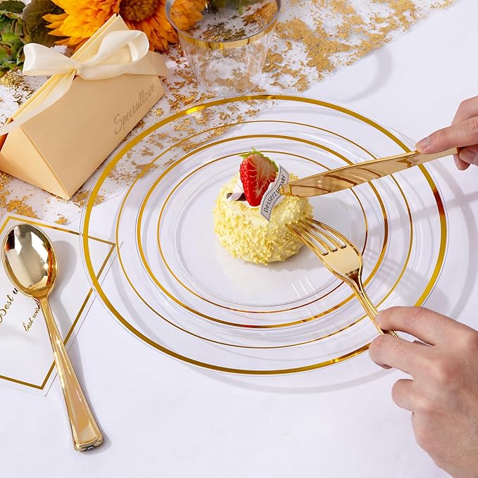 bUCLA 300Pcs Clear Gold Plastic Disposable Dinnerware Set
