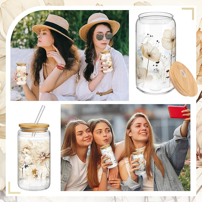 Mumufy 4 Pack Wildflower Glass Cups Gift Aesthetic Cute Glass Cup Tumbler
