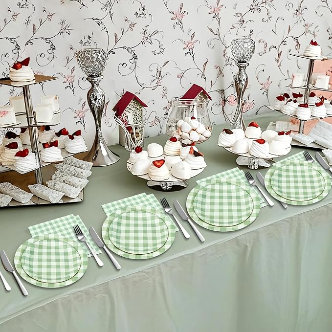180Pcs Green Gingham Party Supplies Paper Plates and Napkins Serve 60 |