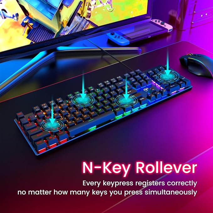 RisoPhy Mechanical Gaming Keyboard, RGB 104 Keys Ultra-Slim LED Backlit USB