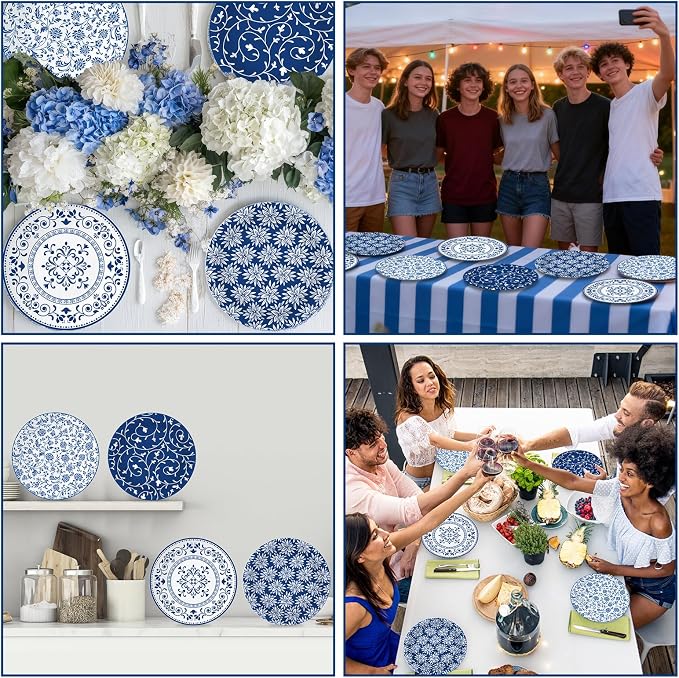 4 Set 10 Inch Blue White Porcelain Dinner Plates Melamine Blue White Floral