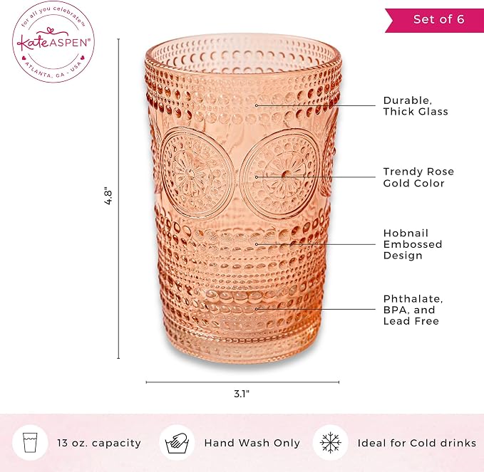 Hobnail Beaded Floral Rose Gold Drinking Glasses Set of 6, Vintage Glassware