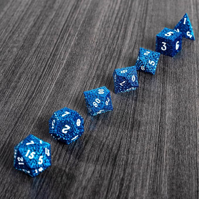 Blue Metal Hollow DND Dice Set Metallic Luster Maze Design