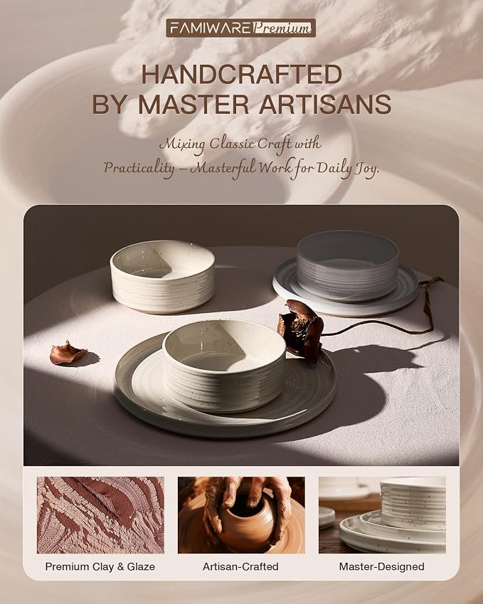 Stoneware Dinnerware Sets for 4, Reactive Glaze Plates & Bowls, Shell Beige |