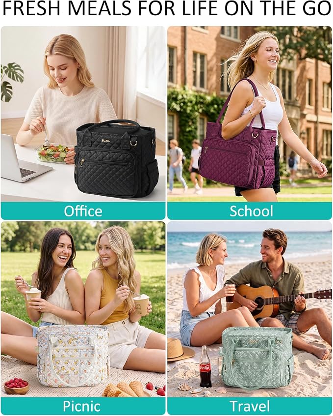 Lunch Box for Women Insulated Lunch Bag Quilted Soft Cooler Tote | 7 Pocket