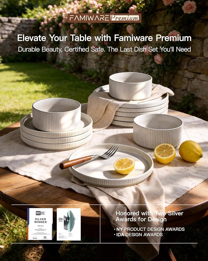 Stoneware Dinnerware Set for 4, 8-Piece Wide Pasta Bowls and Salad Plates |