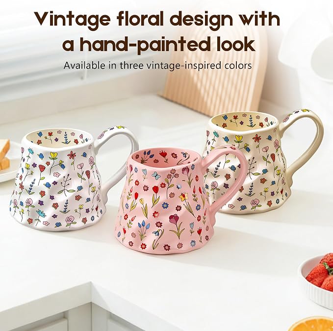 Large Coffee Mug 20 oz, Oversized Cute Floral Ceramic Mug, Big Coffee Mugs