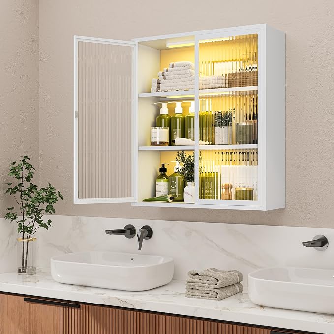 Bathroom Medicine Cabinet with Glass Doors & Sensor LED Lights