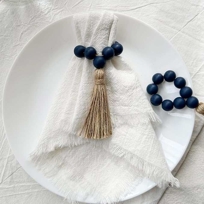 Napkin Rings Set of 12, Wooden Bead Elastic Tassel Napkin Ring | Tassel Napkin
