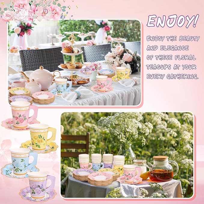 Kochorie 120 Pcs Floral Paper Tea Cups and Saucers 9 Oz Disposable Teacups Bulk