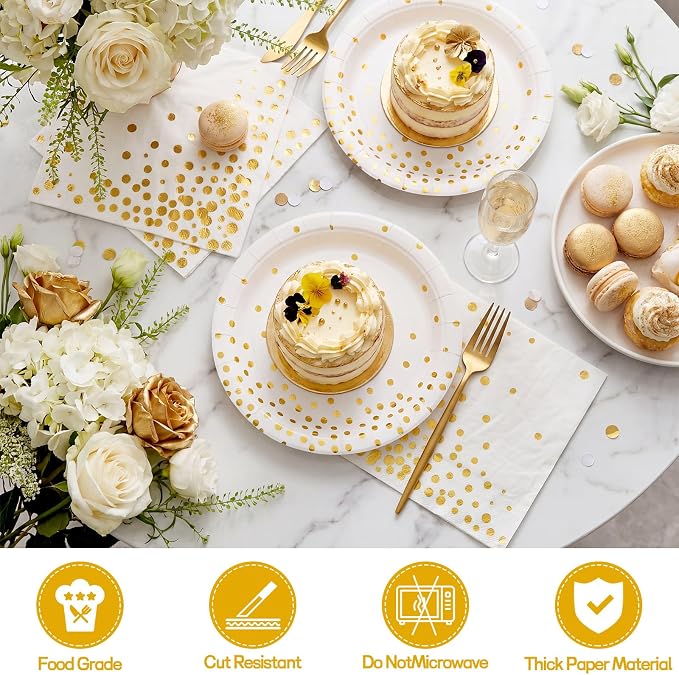 NatNarr 25 Set White Gold Plates and Napkins Set, 6.5" Napkins, Party Plates