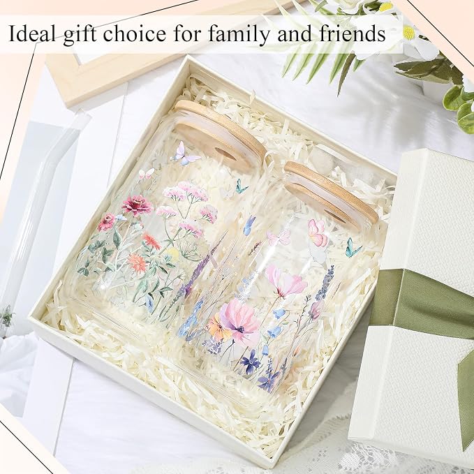 Mumufy 2 Pack Wildflower Glass Cups Gift Aesthetic Cute Glass Cup Tumbler