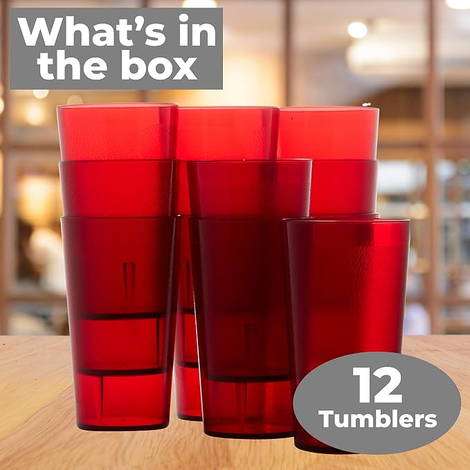 Restaurant Grade, BPA-Free 12oz Red Plastic Cups 12pk. Super Durable, Break