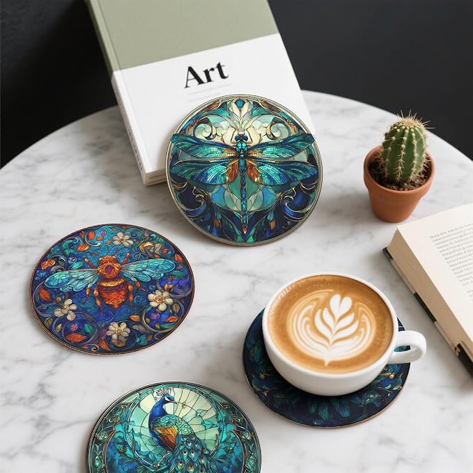 Insect Coasters Leather Round Drink Coasters 6 Pcs Set