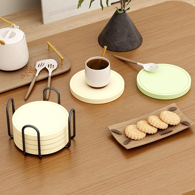 Azhou 6Pcs Drink Coaster with Holder, Lemon-Yellow Absorbent Coasters
