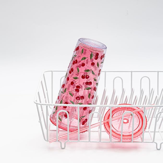bzyoo 24oz Plastic Tumbler Cup, Lid & Straw, Iced Coffee Cherry Splash | Double