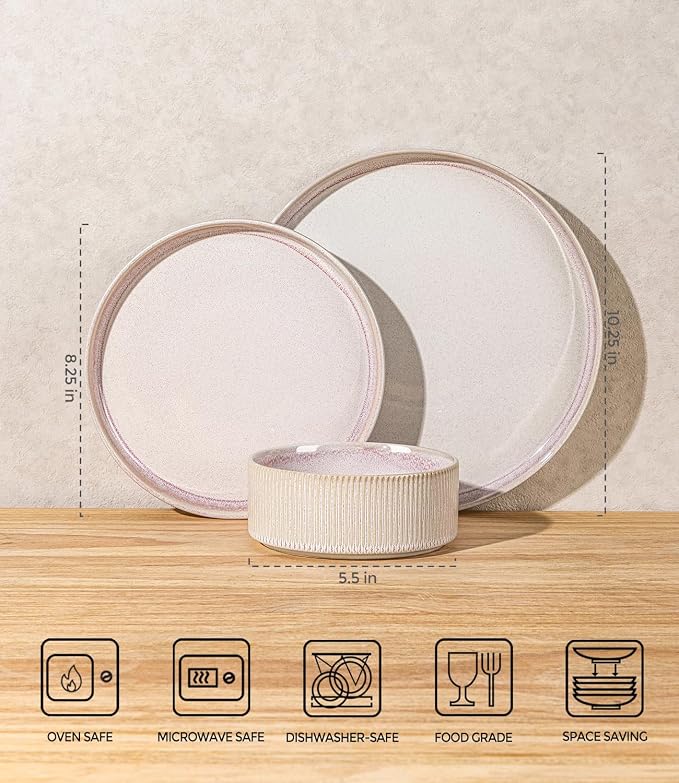 Ceramic Dinnerware Set for 4, 12-Piece Plates and Bowls Set | Lightweight